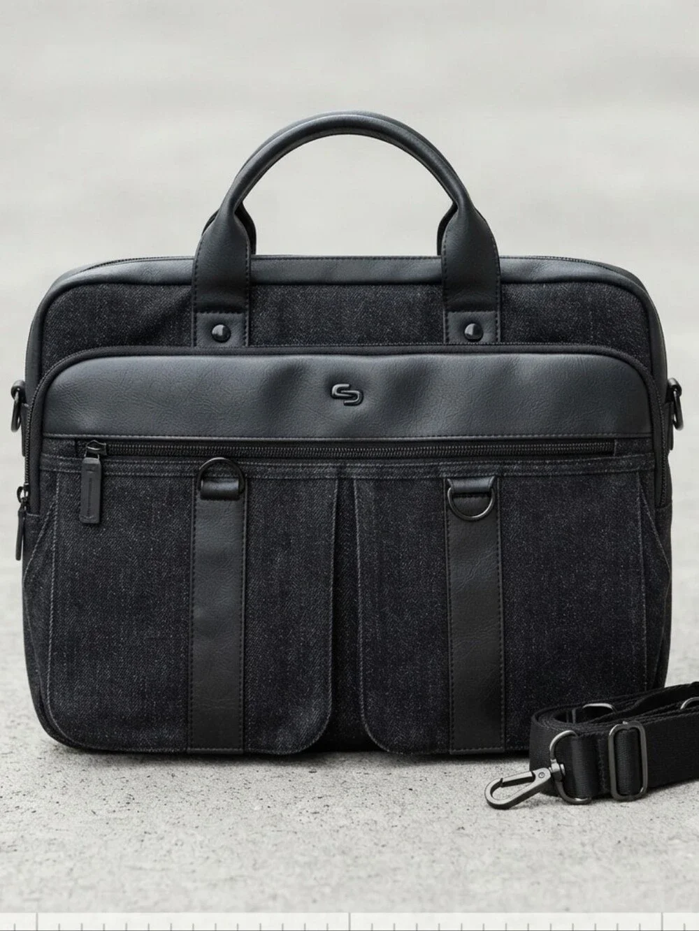 ​Solo New York Laptop Briefcase Messenger Bag Black Denim Faux Leather Business